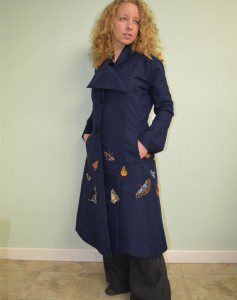 Navy Coat Hemp Cotton Wearable Art Embroidered Butterfly Coat by Tara Lynn