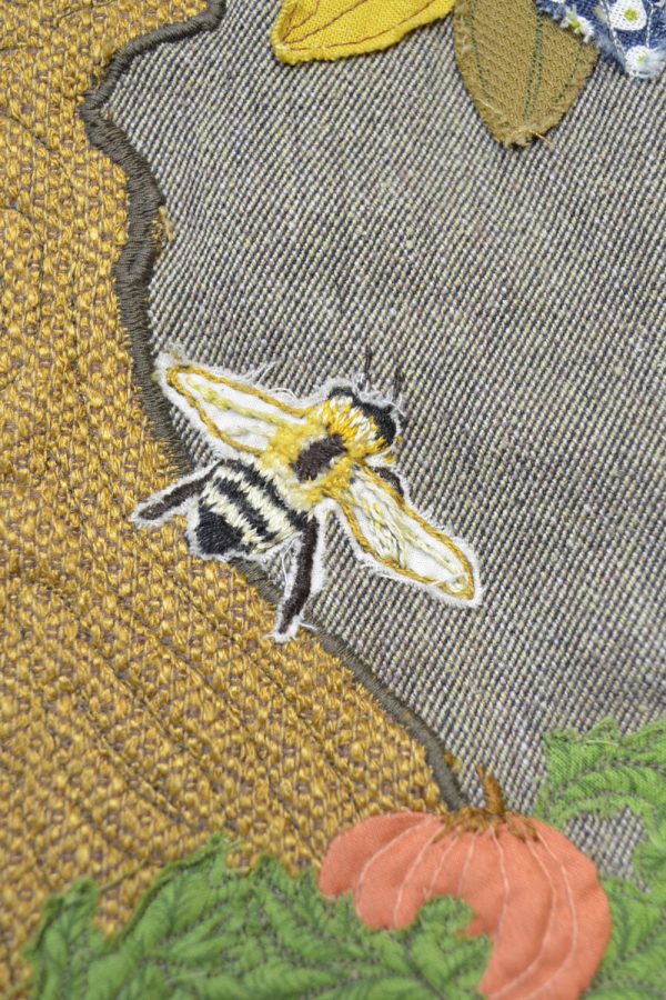 Embroidered bee on wearable art jacket by Earth Bitch